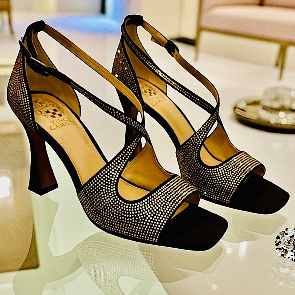 Vince Camuto Black and Silver Heels with Criss-Cross Straps